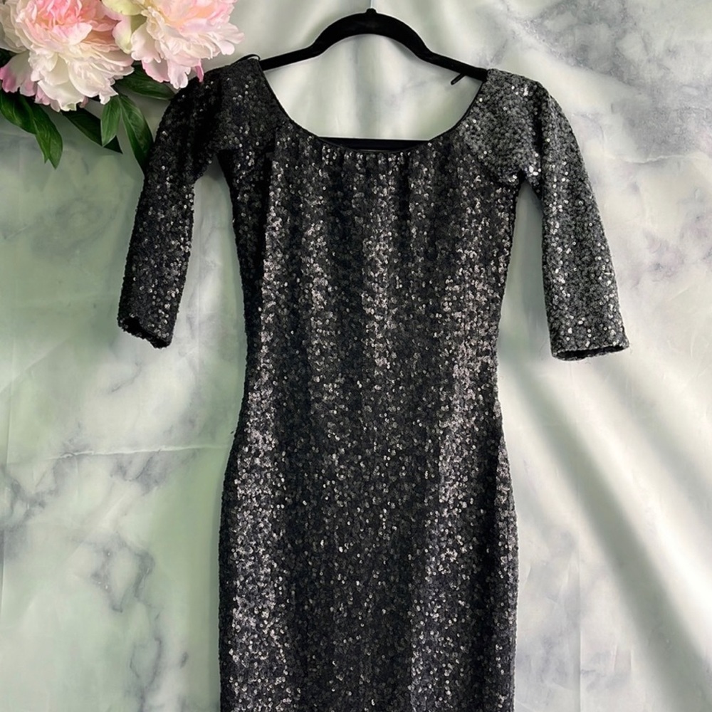 Dress the Population black sequins elbow Sleeve MIDI Sheath Dress Size Small